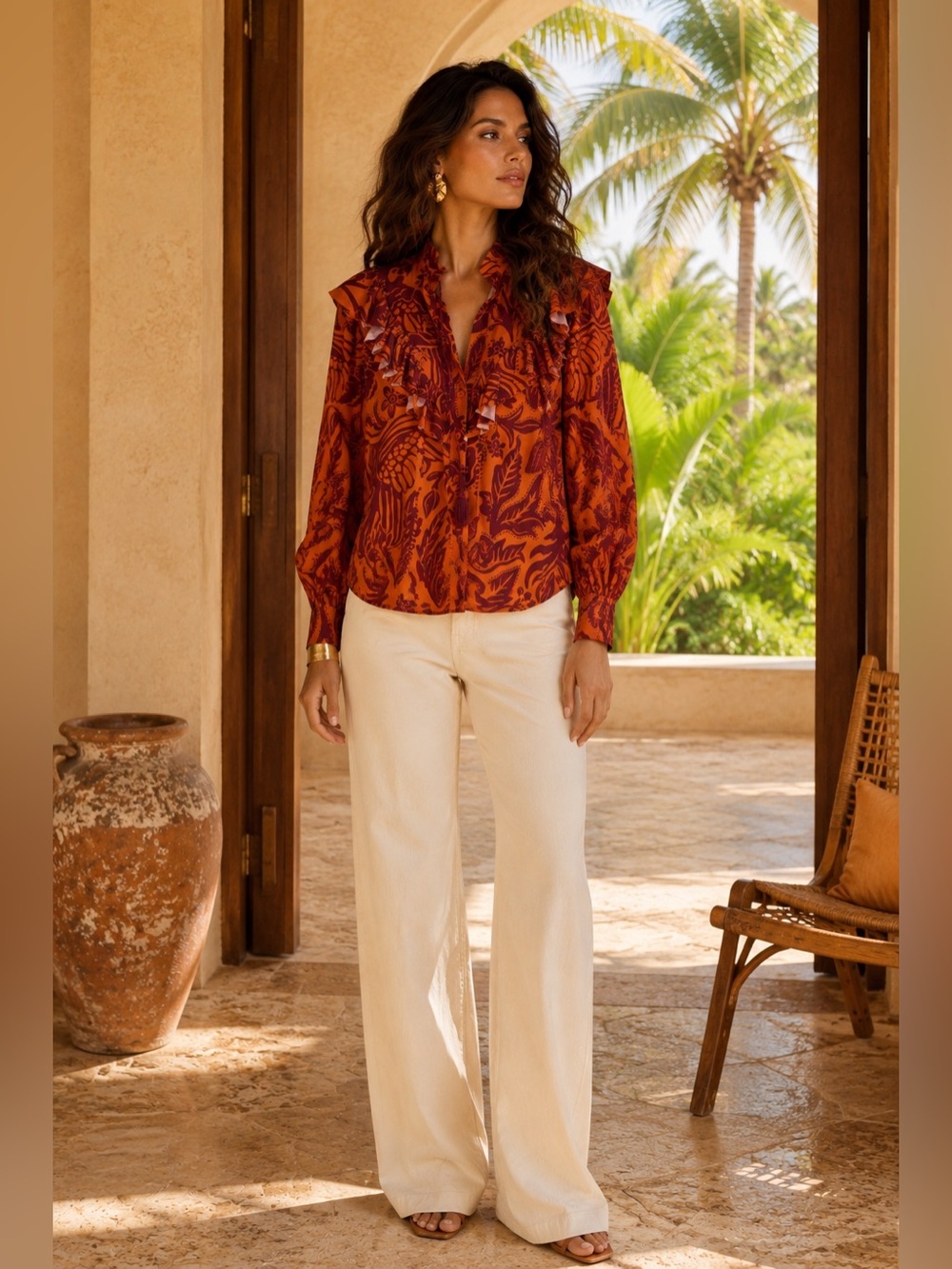 Johanna Ortiz Dreams Of Orient Ruffle Bib Blouse Red Orange Size 4 - Picture 2 of 16